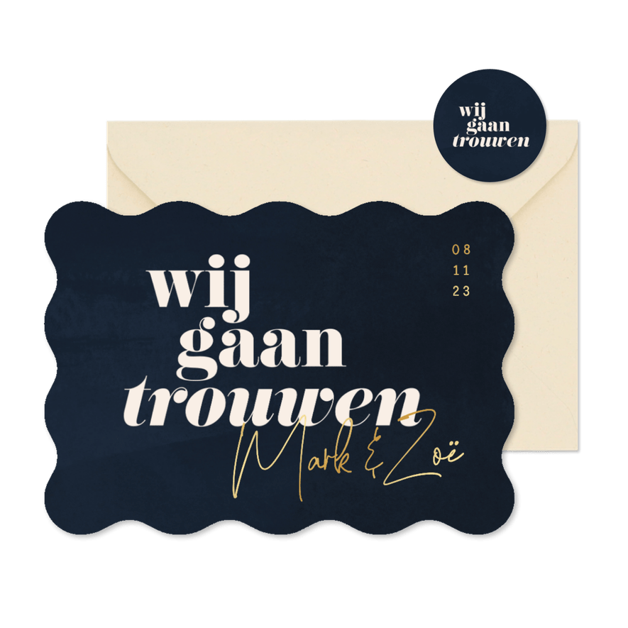 Uitnodiging bruiloft goud donkerblauw waterverf golfvorm - Kaartimpressie