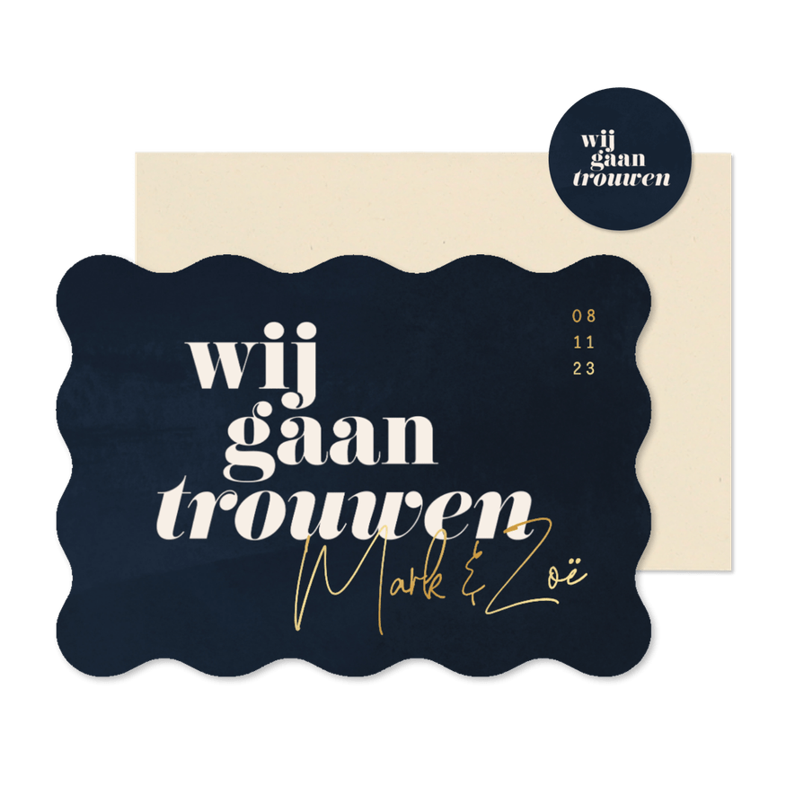 Uitnodiging bruiloft goud donkerblauw waterverf golfvorm  - Kaartimpressie