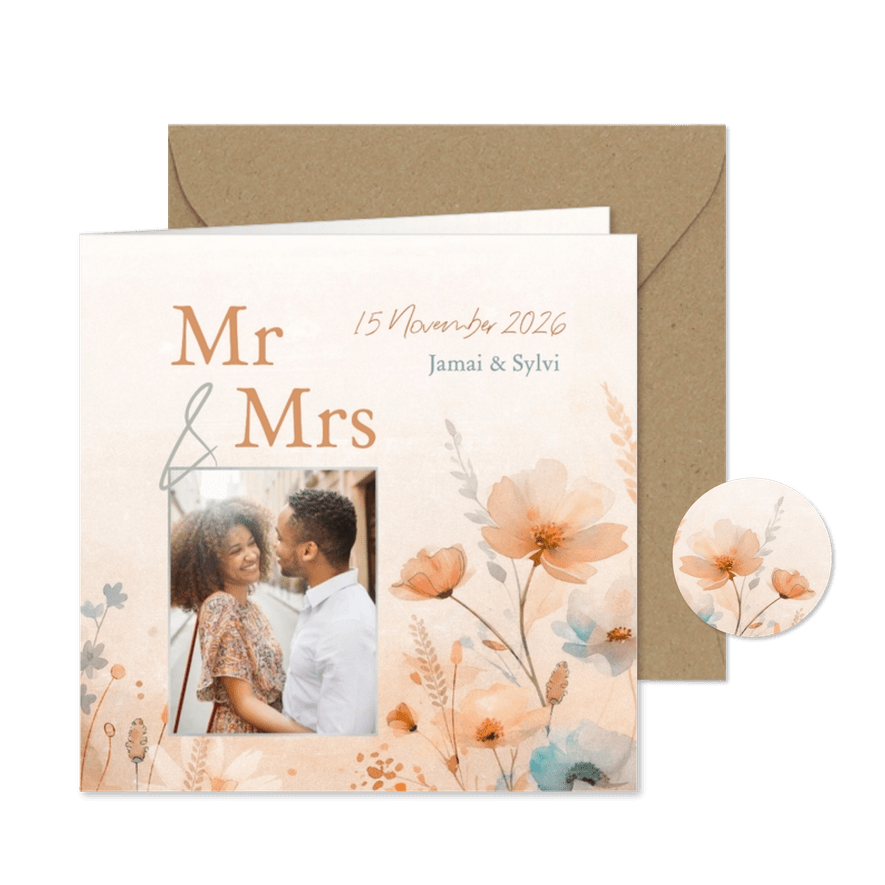 Uitnodiging bruiloft met eigen foto en aquarel wilde bloemen - Kaartimpressie
