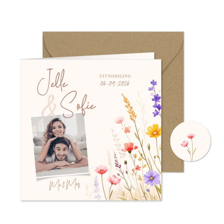 Uitnodiging bruiloft met foto en gemengde bloemen aquarel - Kaartimpressie