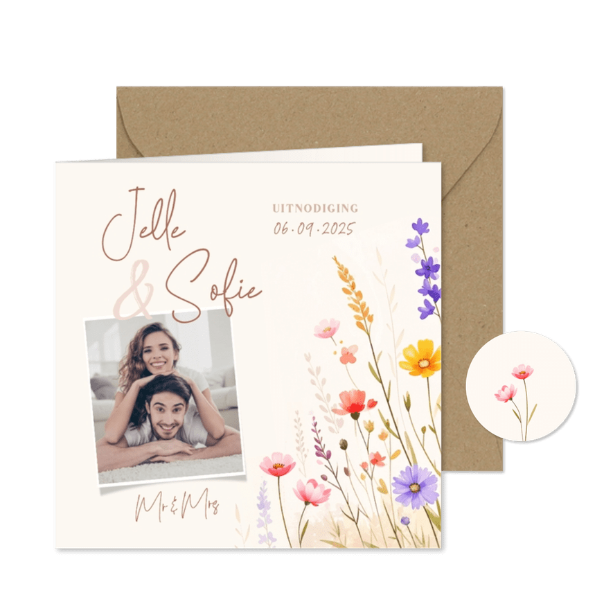 Uitnodiging bruiloft met foto en gemengde bloemen aquarel - Kaartimpressie