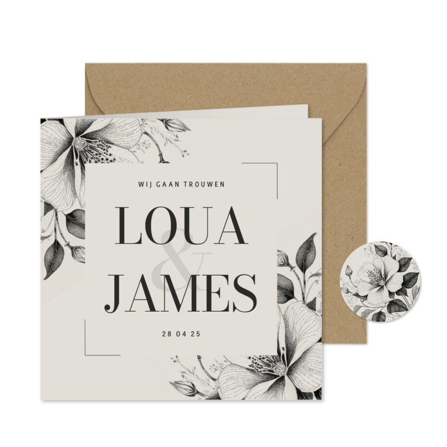 Uitnodiging bruiloft stijlvol met kader en bloemen - Kaartimpressie