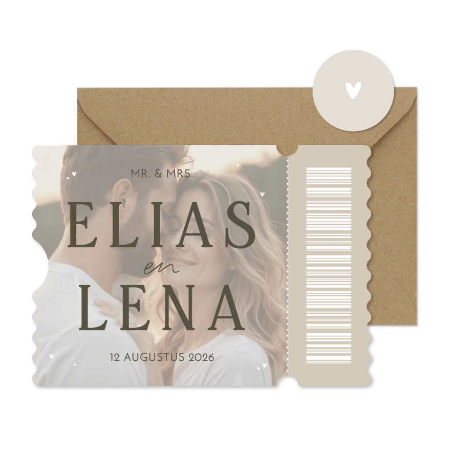 Uitnodiging bruiloft ticketvorm met grote foto en namen - Kaartimpressie