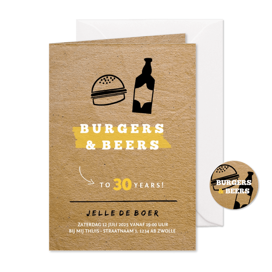 Uitnodiging Burgers & Beers met papierlook - Kaartimpressie