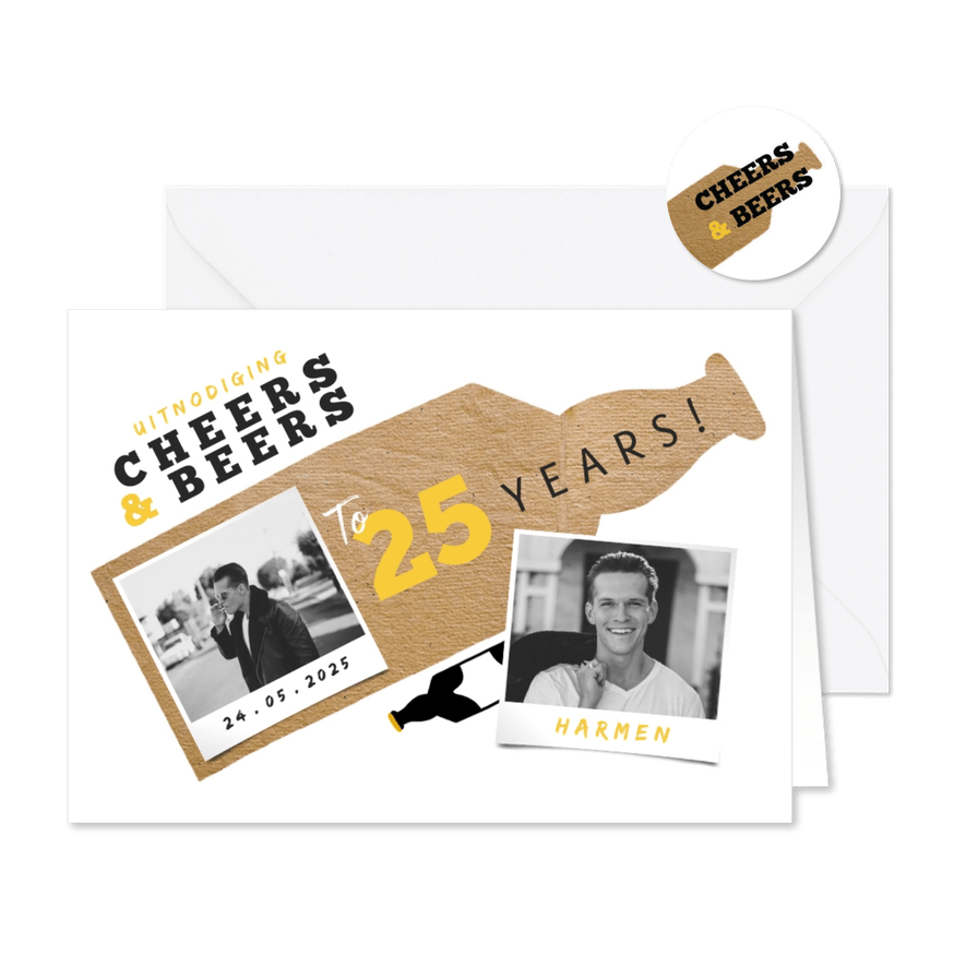 Uitnodiging Cheers & Beers met papierlook en foto - Kaartimpressie