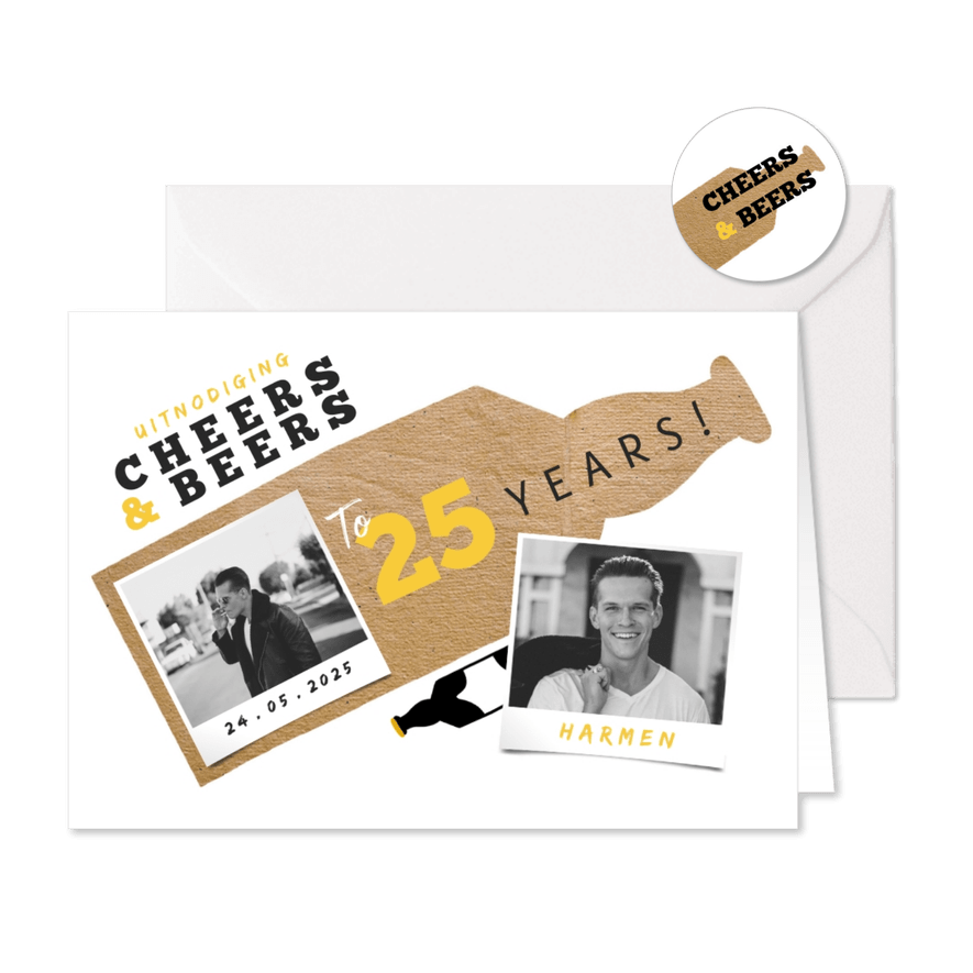 Uitnodiging Cheers & Beers met papierlook en foto - Kaartimpressie