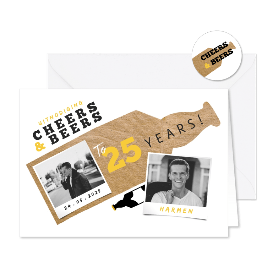 Uitnodiging Cheers & Beers met papierlook en foto - Kaartimpressie