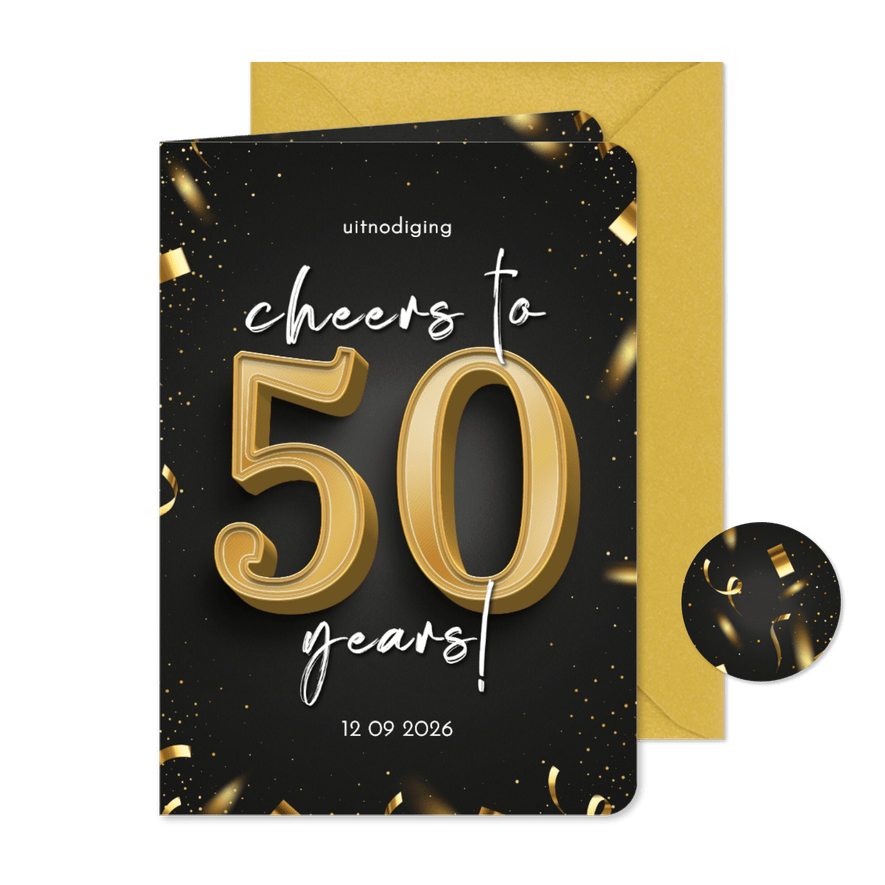 Uitnodiging cheers to 50 years goud confetti - Kaartimpressie