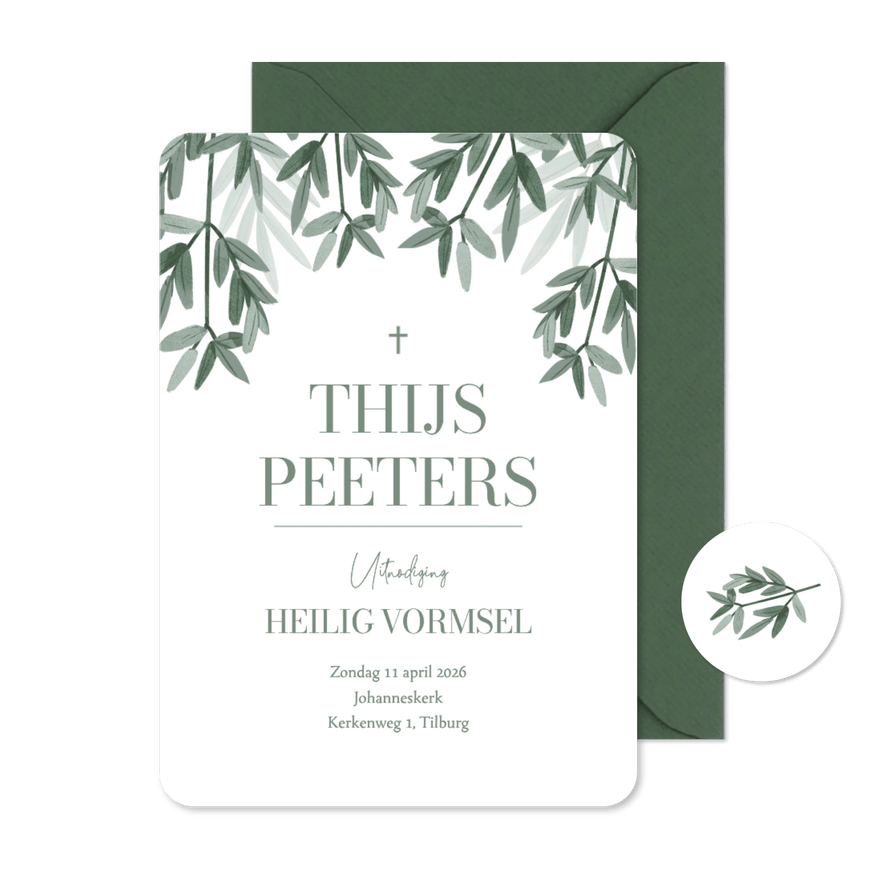 Uitnodiging christelijk heilig vormsel stijlvol takjes groen - Kaartimpressie