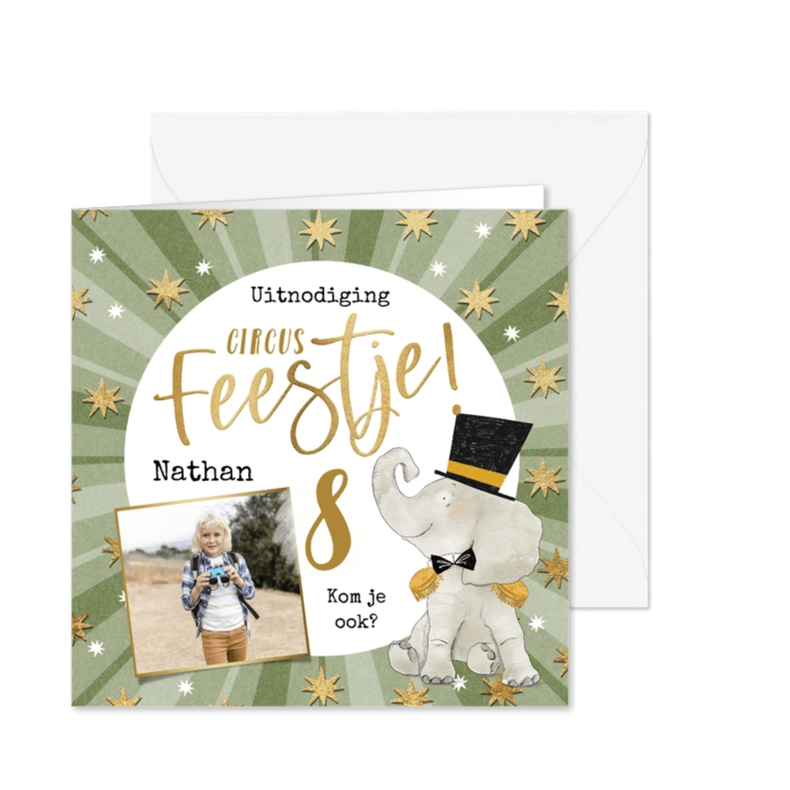 Uitnodiging circusfeestje sterren goudlook olifant - Kaartimpressie