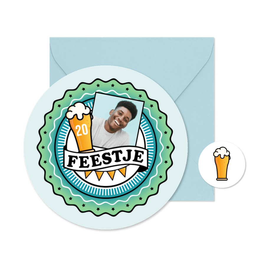 Uitnodiging cirkel bierviltje feestje bier foto slingers - Kaartimpressie