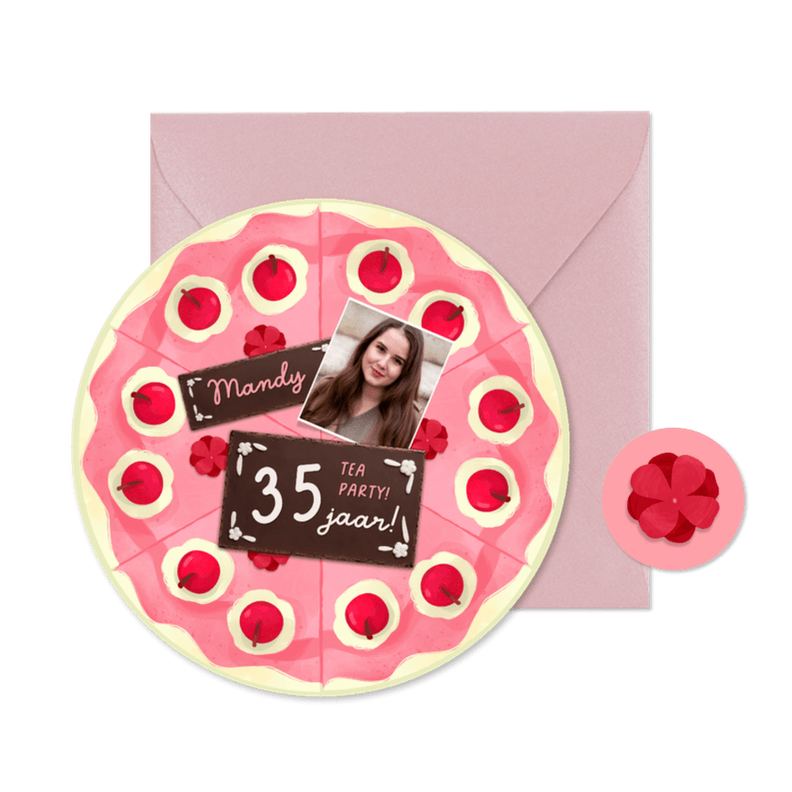 Uitnodiging cirkel kaart taart roze kersen high tea - Kaartimpressie