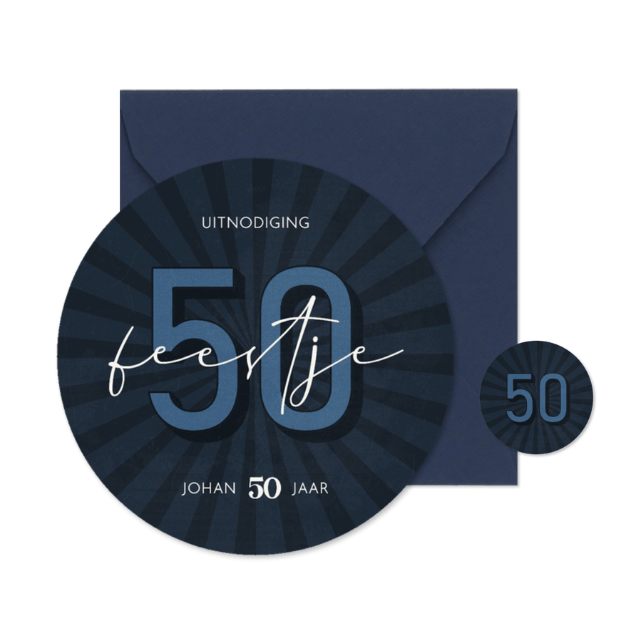 Uitnodiging cirkelvorm 50 feestje blauw vintage - Kaartimpressie