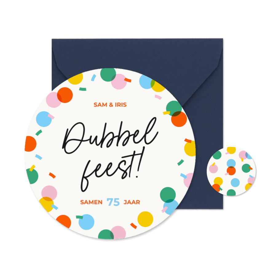 Uitnodiging cirkelvorm dubbel feest met kleurrijke confetti - Kaartimpressie