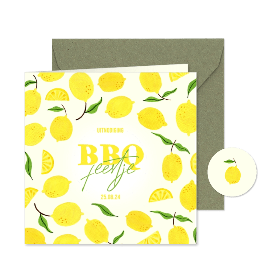 Uitnodiging citroenen BBQ tuinfeest illustratie geel - Kaartimpressie