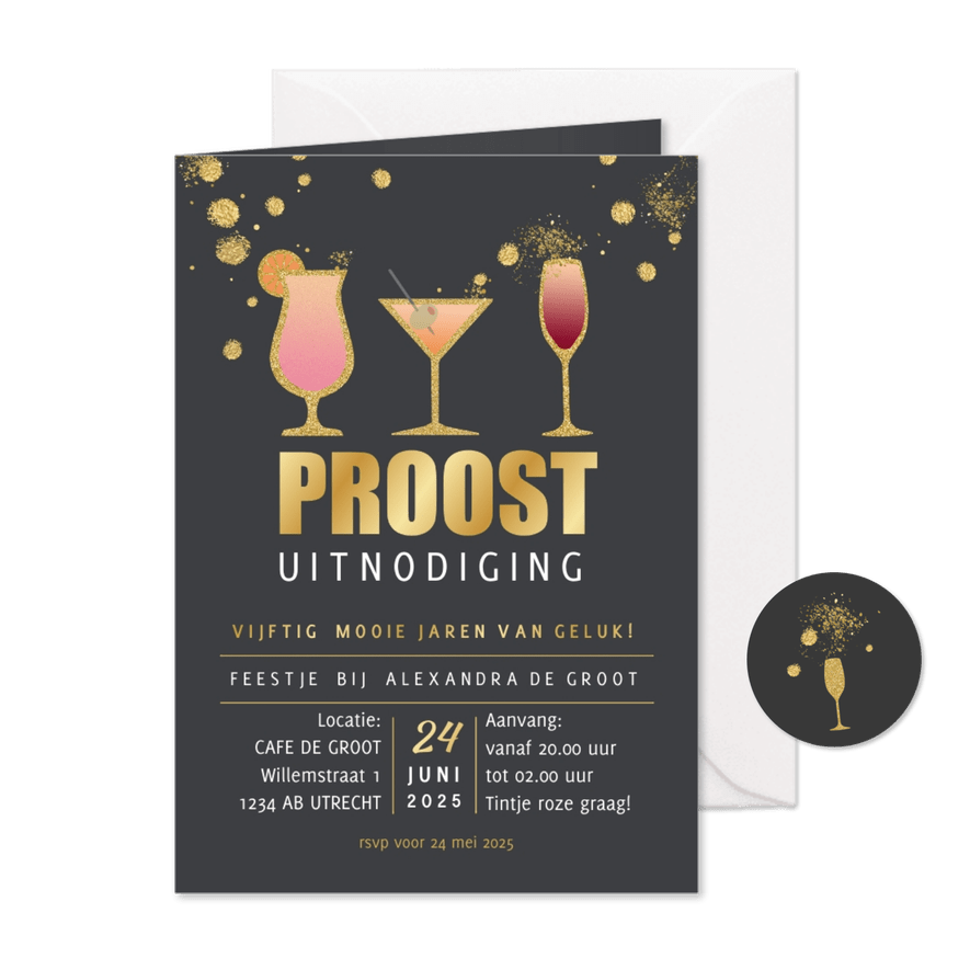 Uitnodiging cocktail feestje met glitters - Kaartimpressie