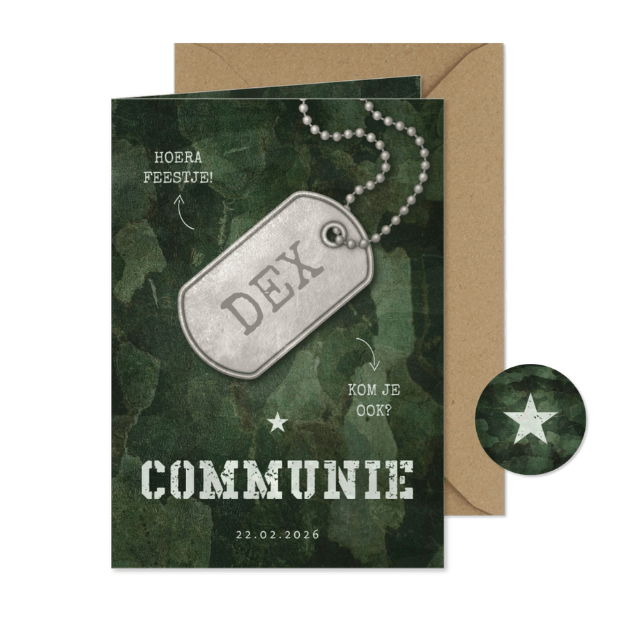 Uitnodiging communie army stoer met legerplaatje - Kaartimpressie
