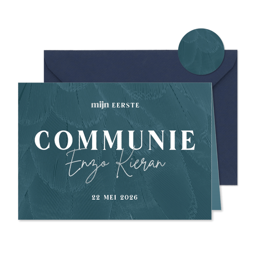 Uitnodiging communie blauw stijlvol met veren  - Kaartimpressie