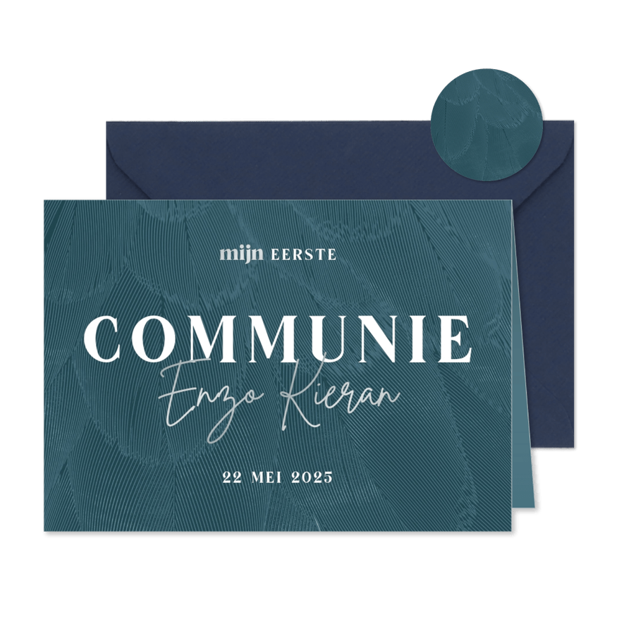 Uitnodiging communie blauw stijlvol met veren - Kaartimpressie