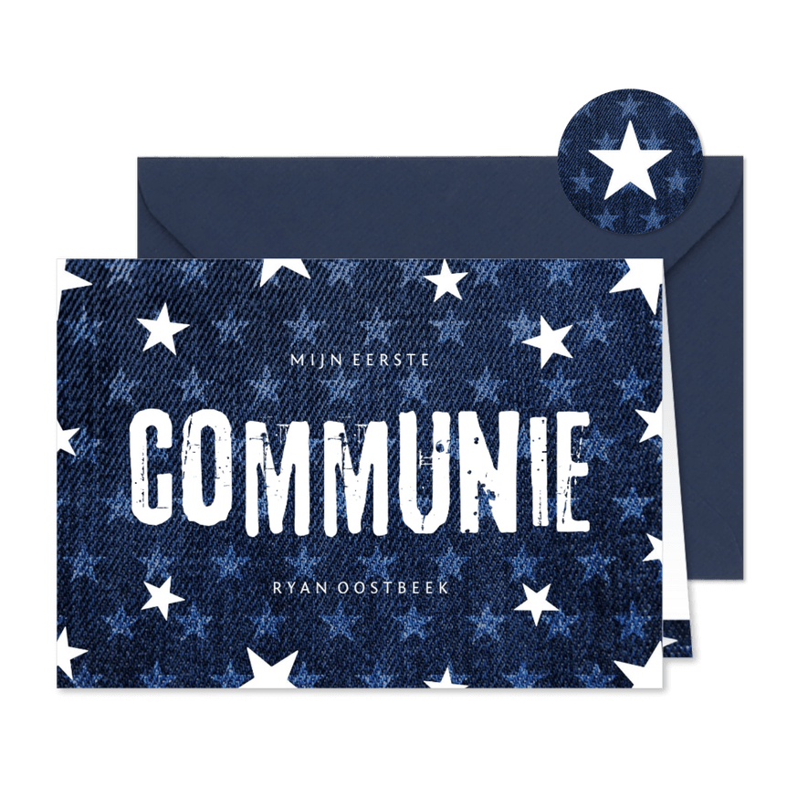 Uitnodiging communie denim stoer met sterren - Kaartimpressie