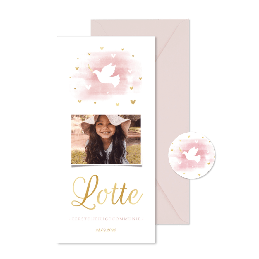 Uitnodiging communie duif met hartjes en waterverf - Kaartimpressie