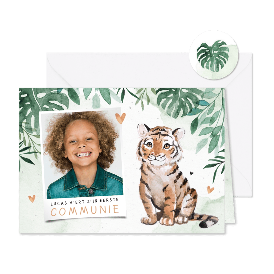Uitnodiging communie eigen foto jungle tijger hartjes - Kaartimpressie