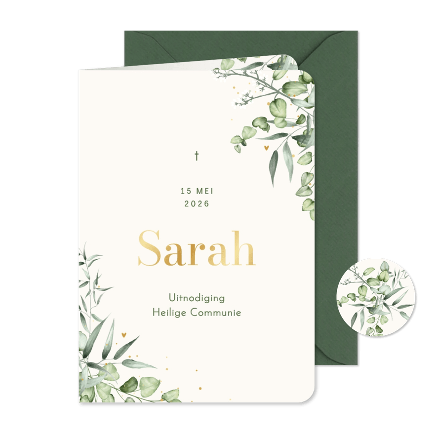 Uitnodiging communie eucalyptus stijlvol goud - Kaartimpressie