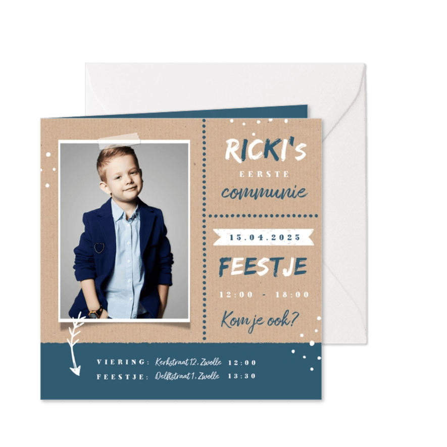 Uitnodiging communie feest jongen stoer kraft - Kaartimpressie