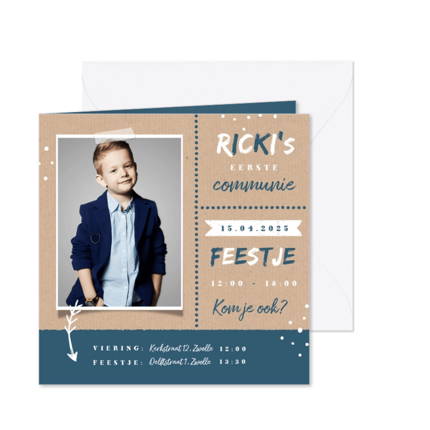 Uitnodiging communie feest jongen stoer kraft - Kaartimpressie