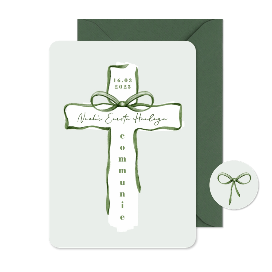 Uitnodiging communie feest kruis christelijk strikje groen - Kaartimpressie