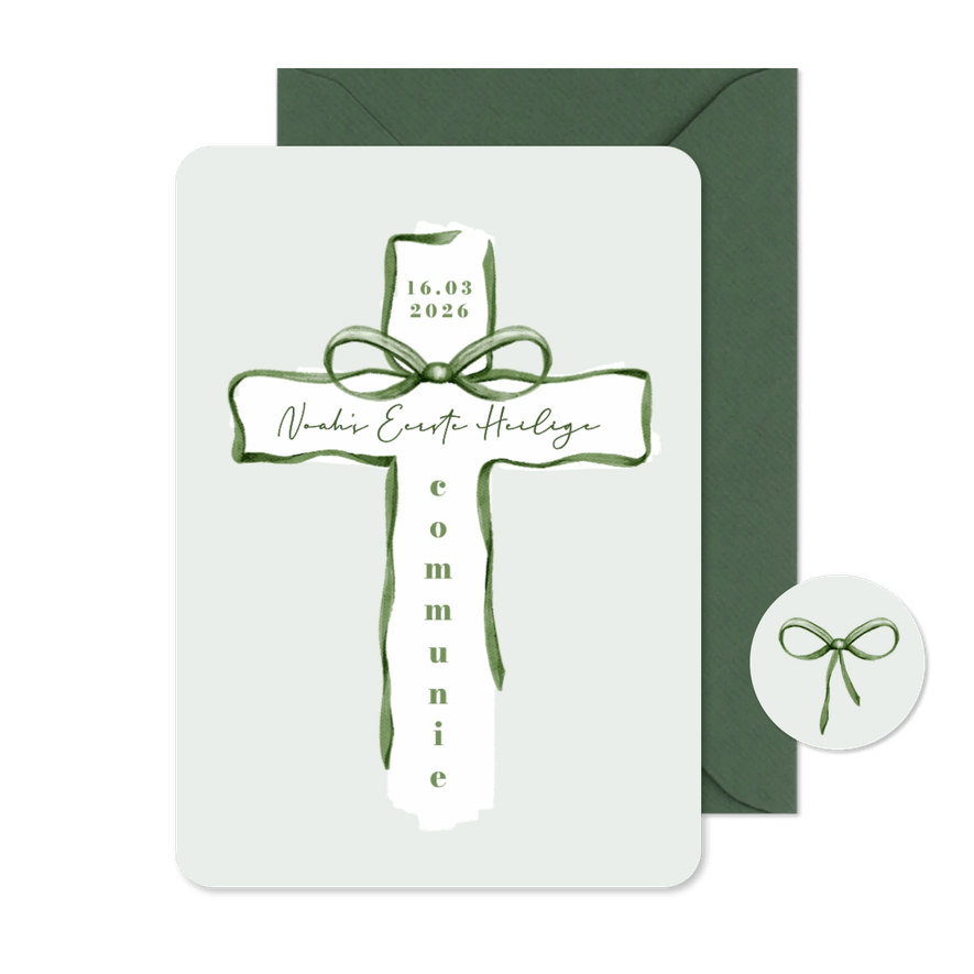 Uitnodiging communie feest kruis christelijk strikje groen - Kaartimpressie