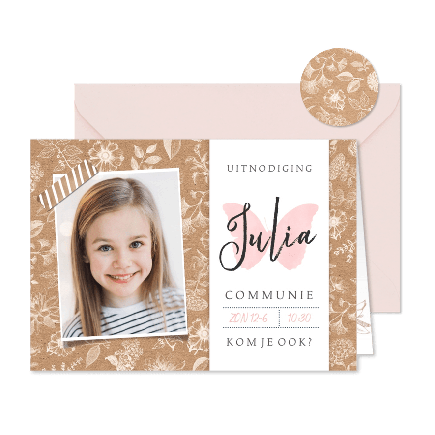 Uitnodiging communie feest meisje - kraft met bloemen  - Kaartimpressie