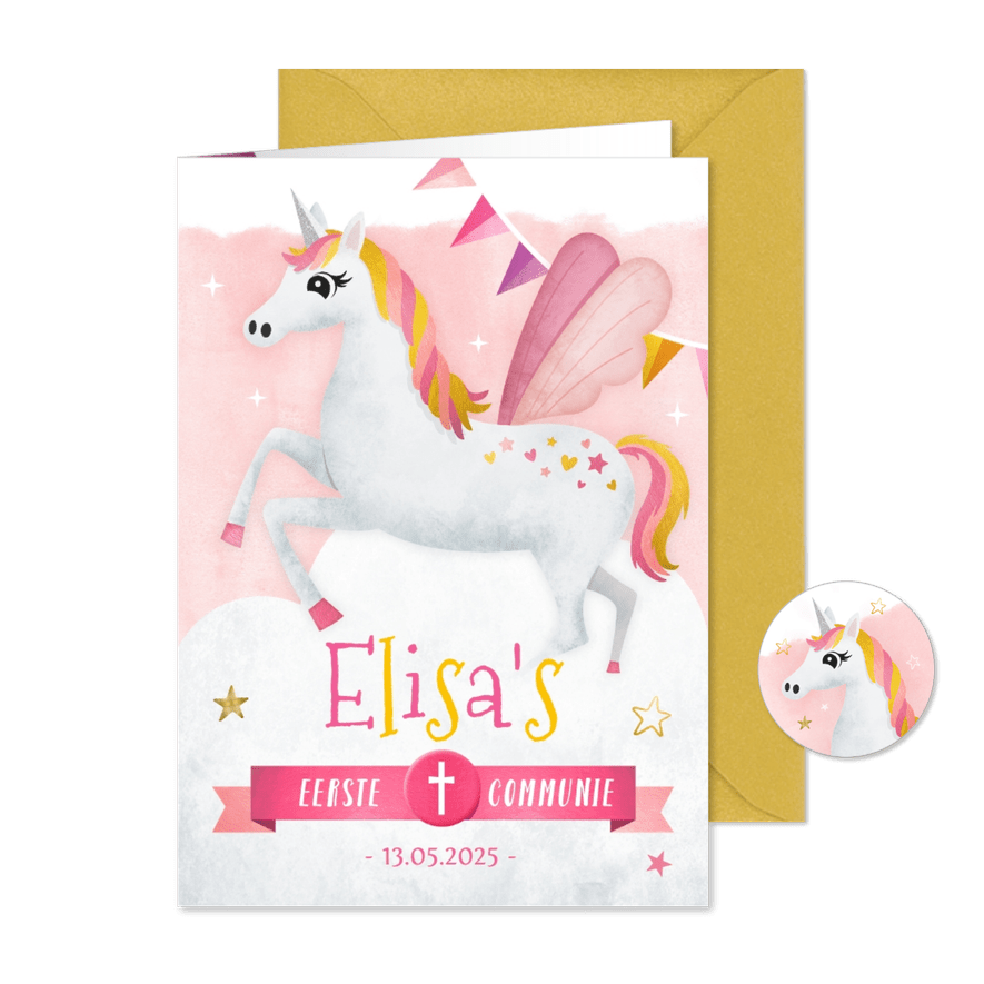Uitnodiging communie feestje met een eenhoorn unicorn - Kaartimpressie