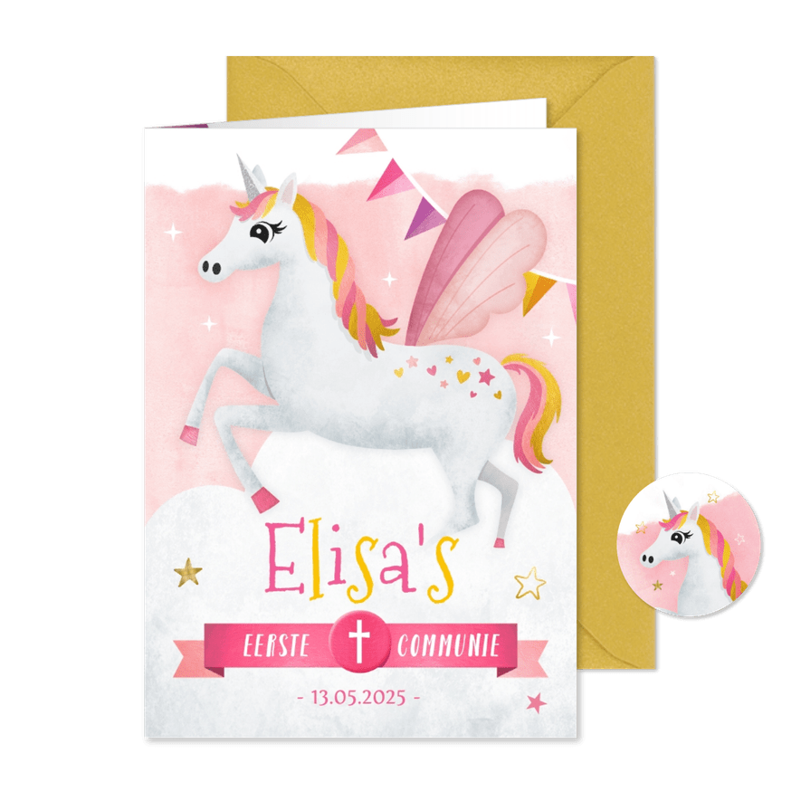 Uitnodiging communie feestje met een eenhoorn unicorn  - Kaartimpressie