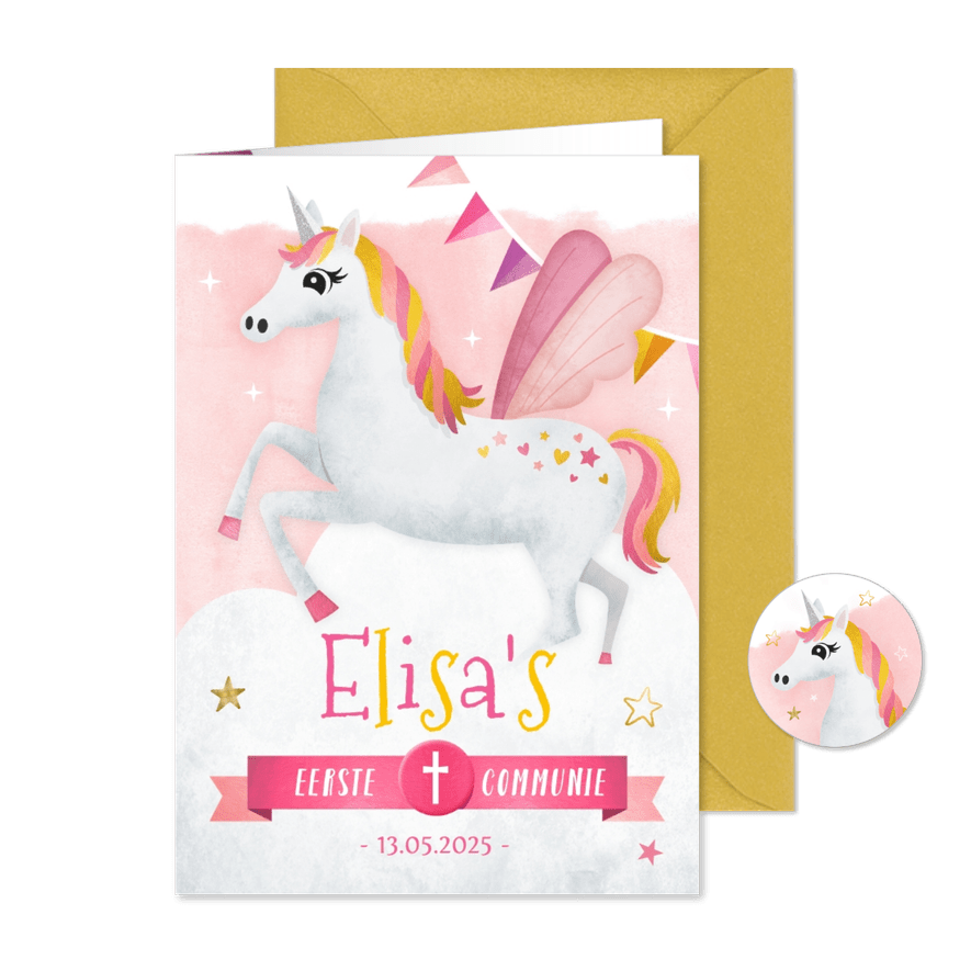 Uitnodiging communie feestje met een eenhoorn unicorn  - Kaartimpressie