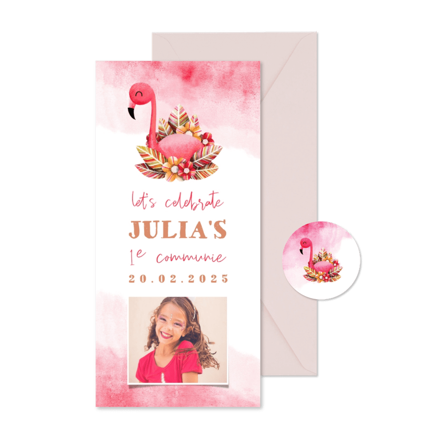 Uitnodiging communie flamingo met waterverf en foto - Kaartimpressie