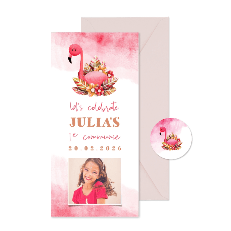 Uitnodiging communie flamingo met waterverf en foto - Kaartimpressie