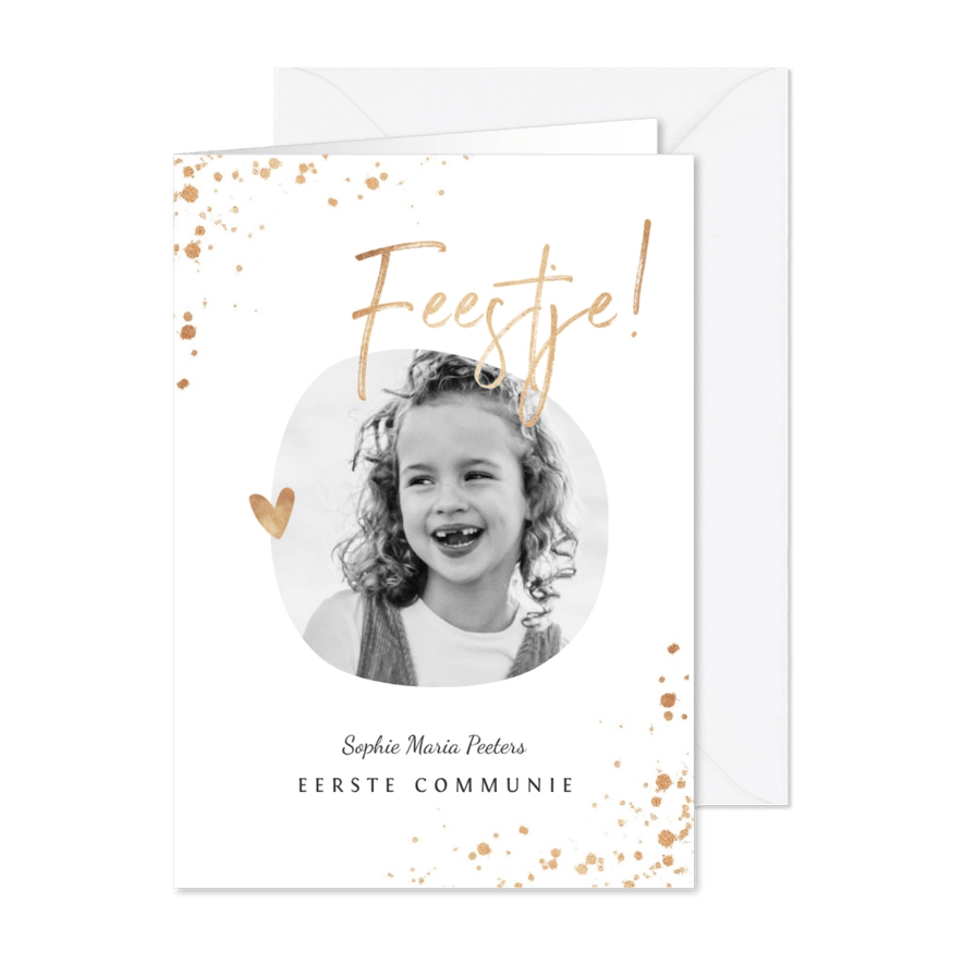 Uitnodiging communie foto stijlvol wit met gouden spetters - Kaartimpressie