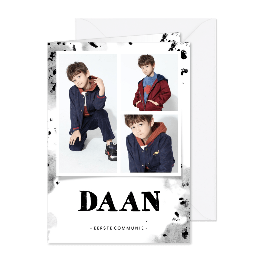 Uitnodiging communie fotocollage beton met spetters - Kaartimpressie