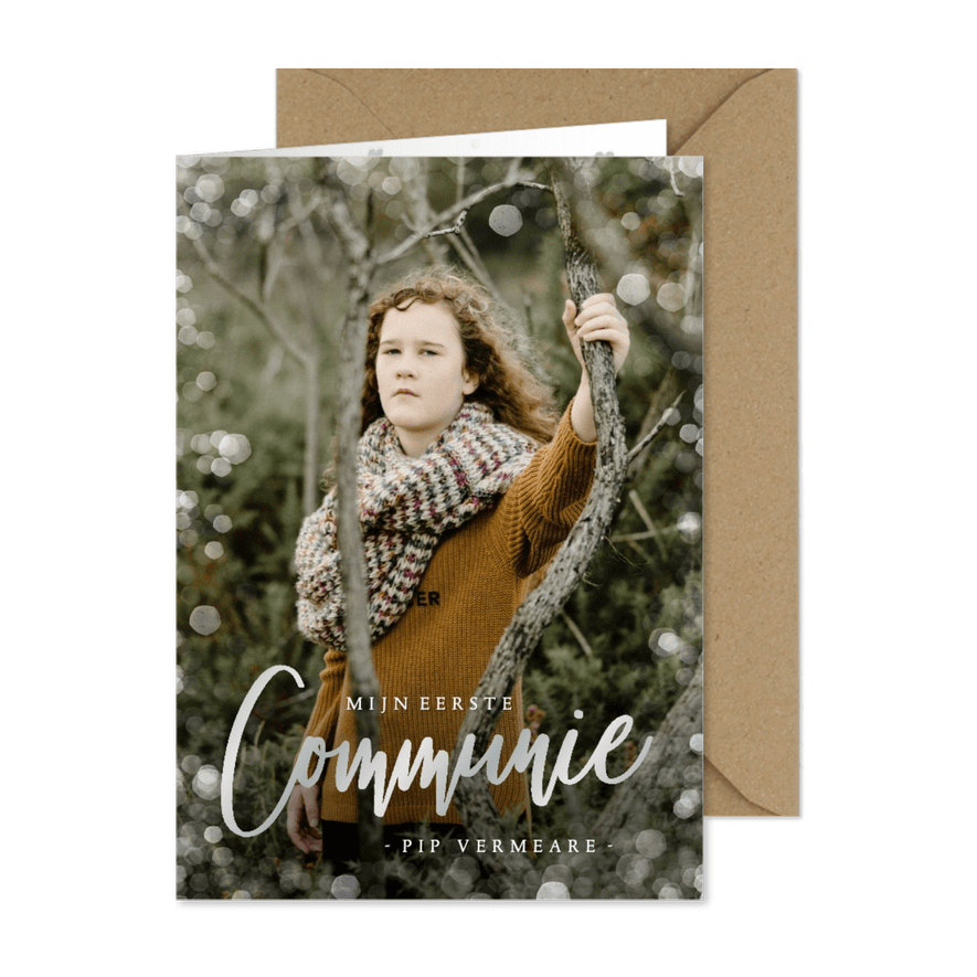 Uitnodiging communie fotokaart met zilveren letters - Kaartimpressie