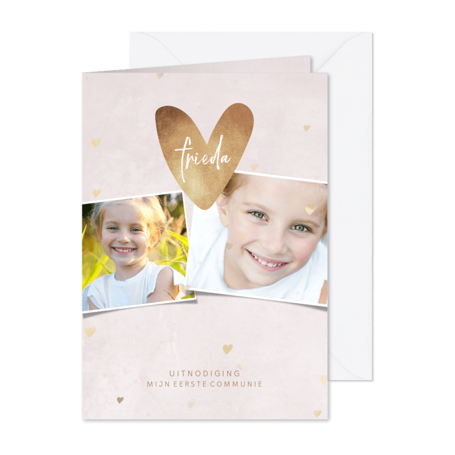 Uitnodiging communie foto's en hartjes - Kaartimpressie