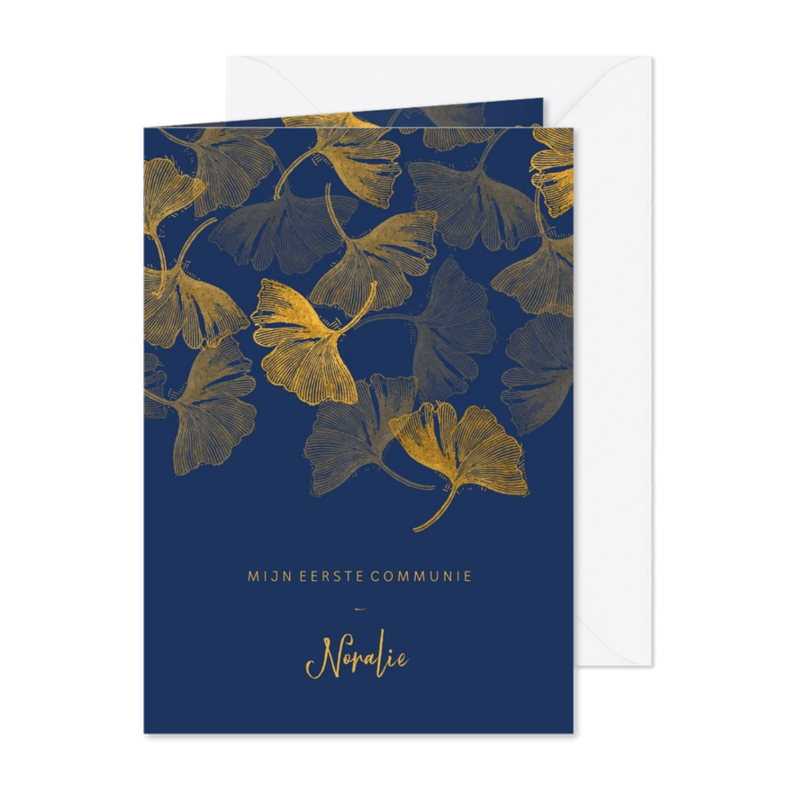 Uitnodiging communie ginkgoblad stempel foto binnen - Kaartimpressie