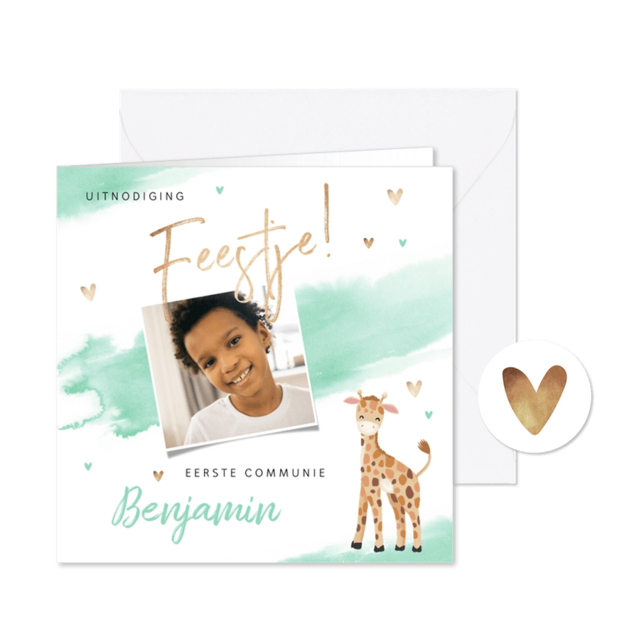 Uitnodiging communie giraf waterverf hartjes mint foto - Kaartimpressie