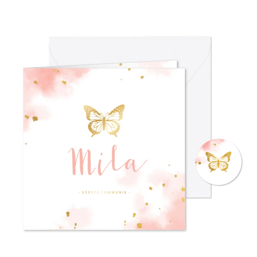 Uitnodiging communie gouden vlinder met waterverf - Kaartimpressie