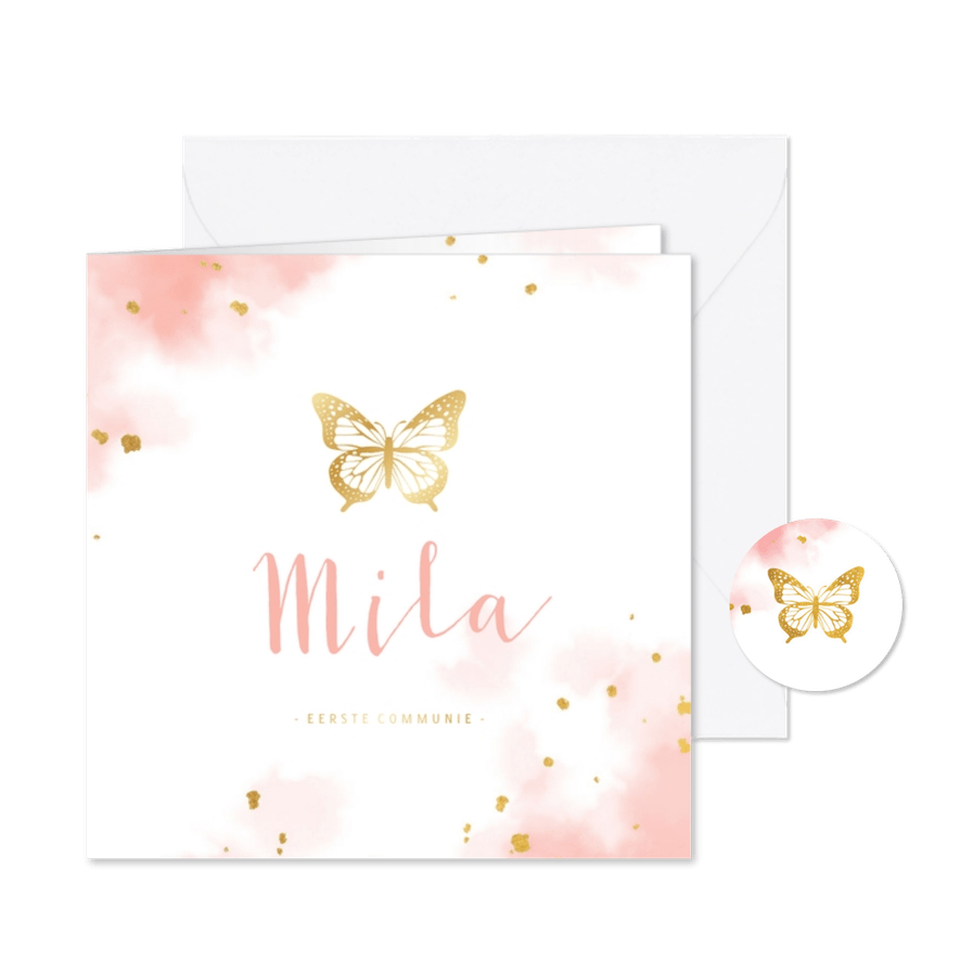 Uitnodiging communie gouden vlinder met waterverf - Kaartimpressie