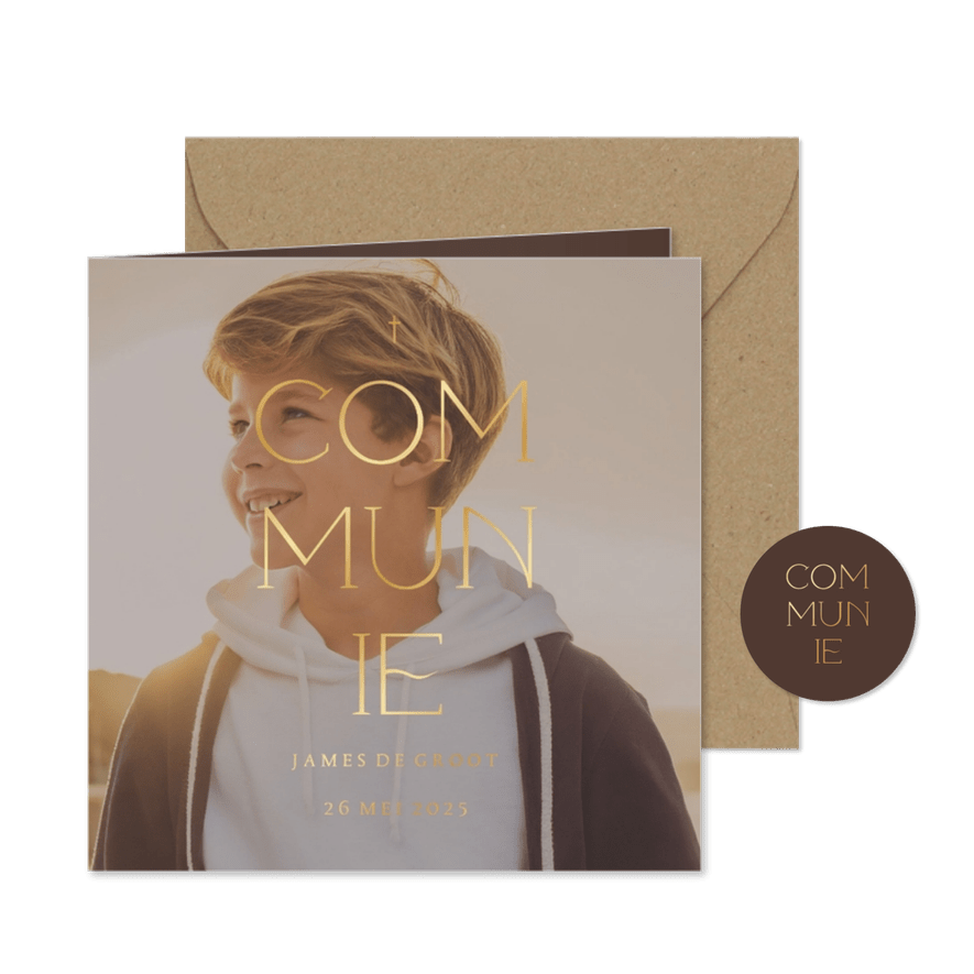 Uitnodiging communie grote foto transparant met goudfolie - Kaartimpressie