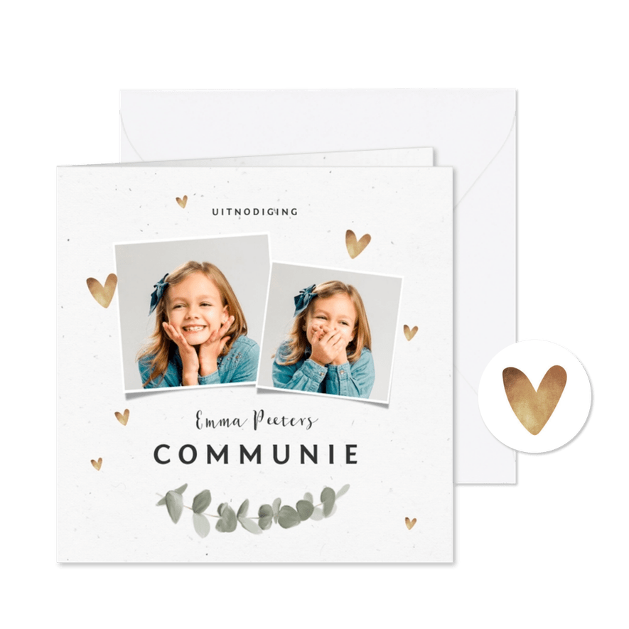 Uitnodiging communie hartjes goud eucalyptus foto's - Kaartimpressie