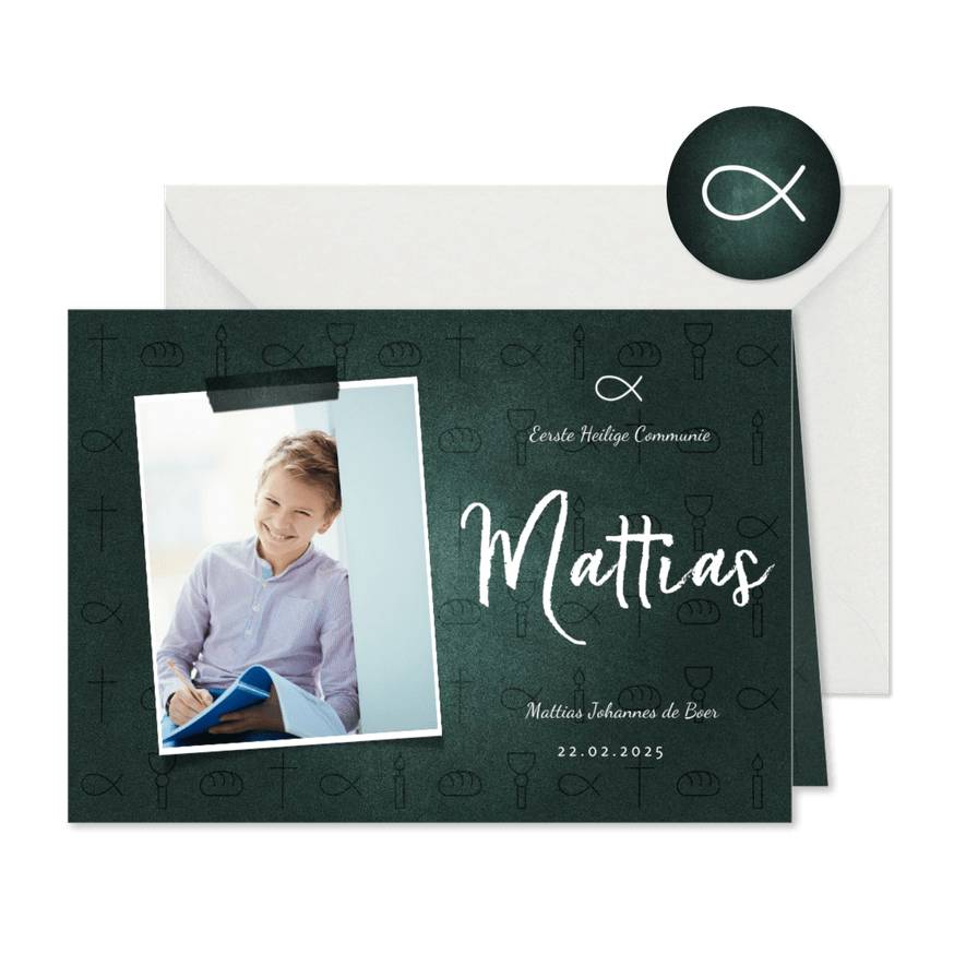 Uitnodiging communie jongen christelijke symbolen met foto - Kaartimpressie