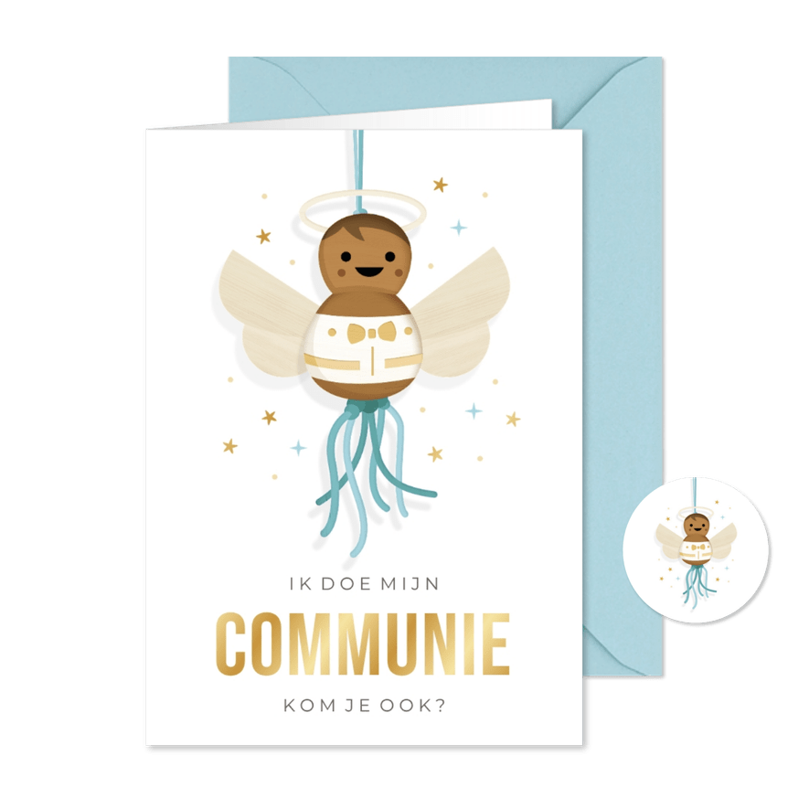 Uitnodiging communie jongen - donker engel gelukspoppetje - Kaartimpressie