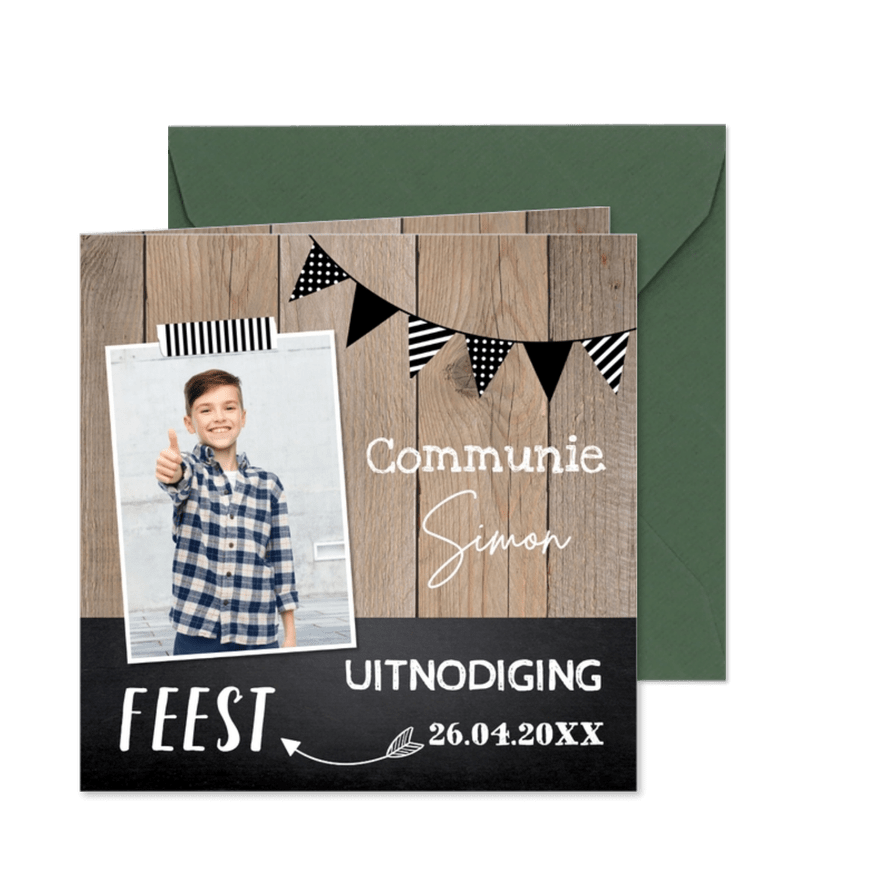 Uitnodiging communie jongen foto stoer houtprint slinger - Kaartimpressie